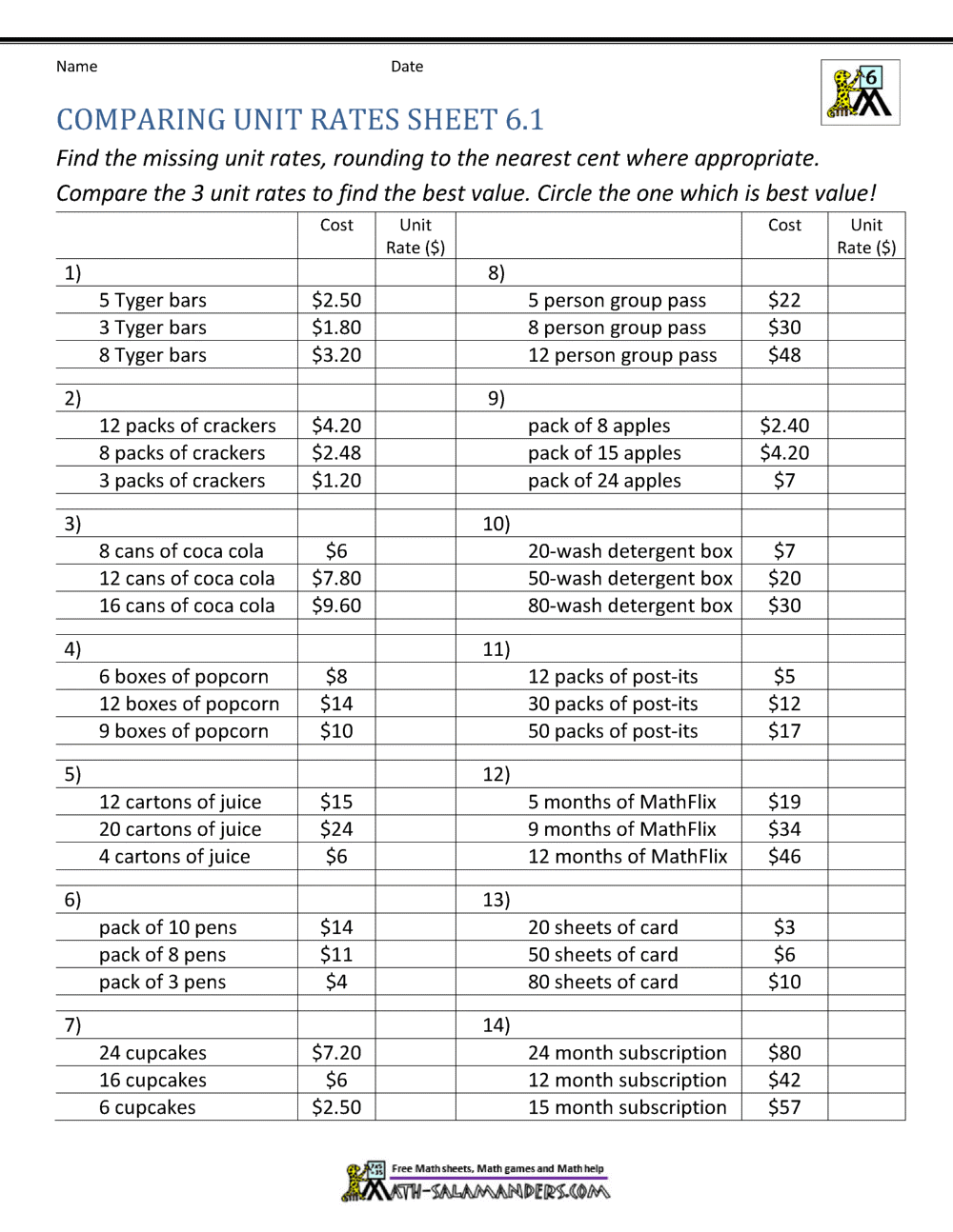 Unit Rate Problems 22th Grade For Unit Rate Worksheet 6th Grade
