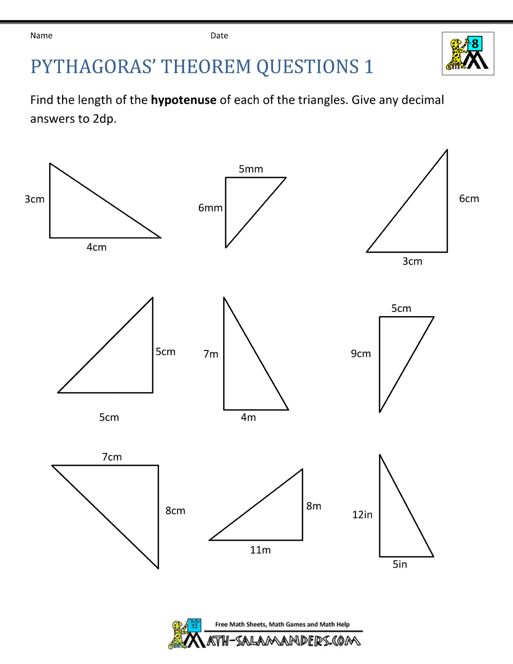 Pythagoras Theorem Questions Intended For Pythagorean Theorem Worksheet 8th Grade