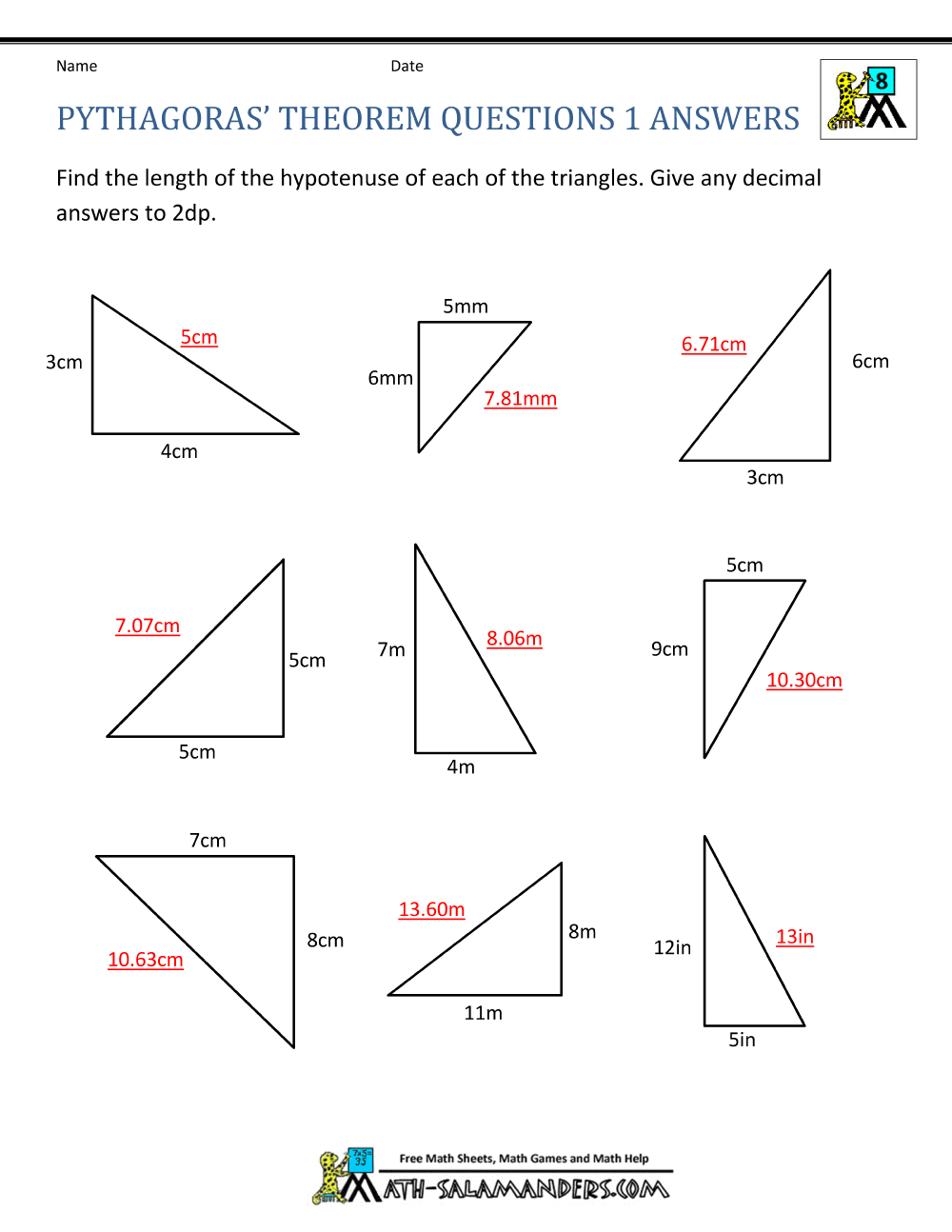 Pythagoras Theorem Questions With Regard To Pythagorean Theorem Worksheet Answer Key