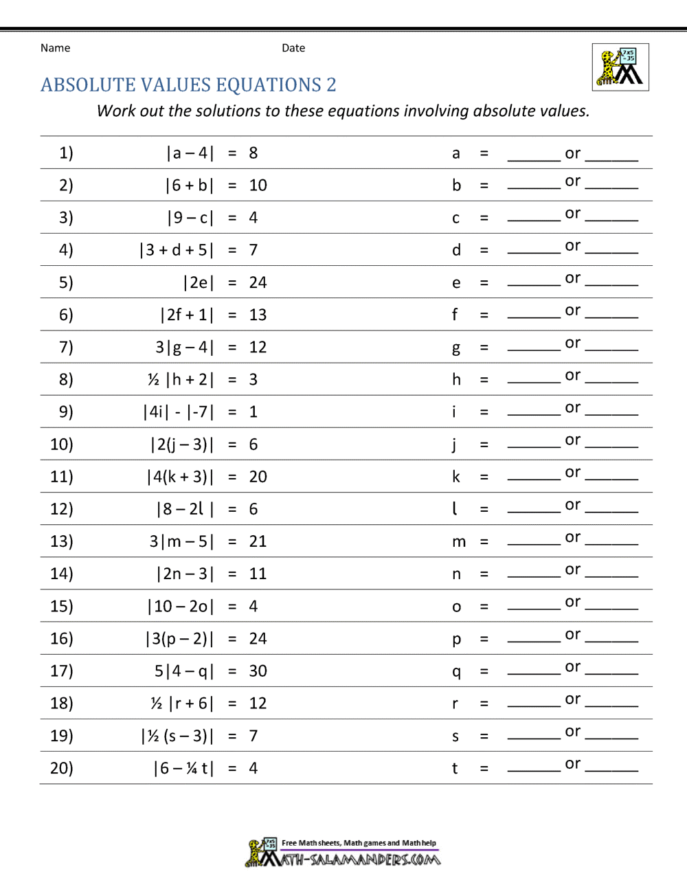 Absolute Value Worksheets Regarding Solving Absolute Value Equations Worksheet