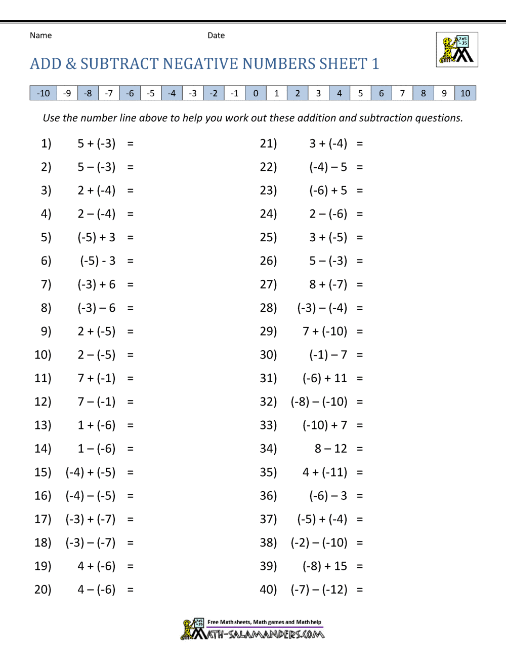 Graded Adding And Subtracting Negative Numbers Worksheets