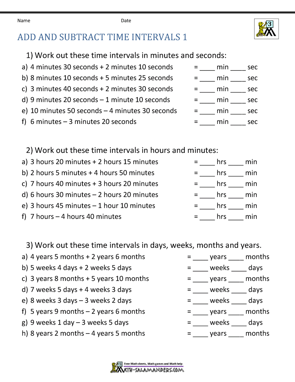 Add And Subtract Time Worksheets