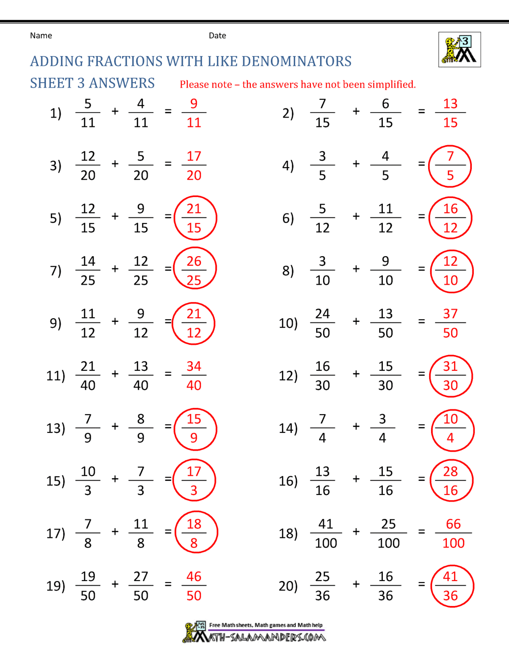 Adding Fractions With Like Denominators Worksheets Within Adding Fractions Worksheet Pdf