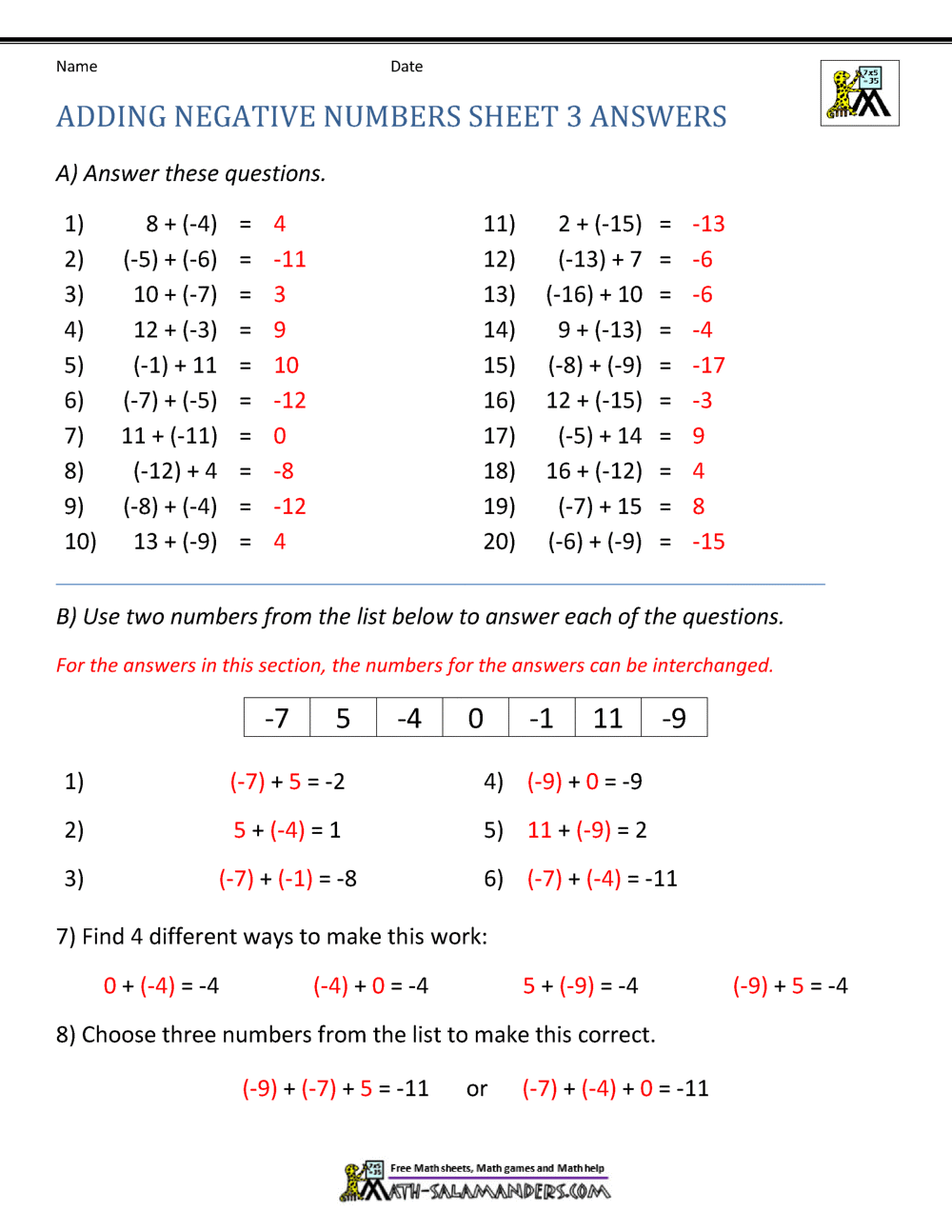 Adding Positive and Negative Numbers For Adding Integers Worksheet Pdf