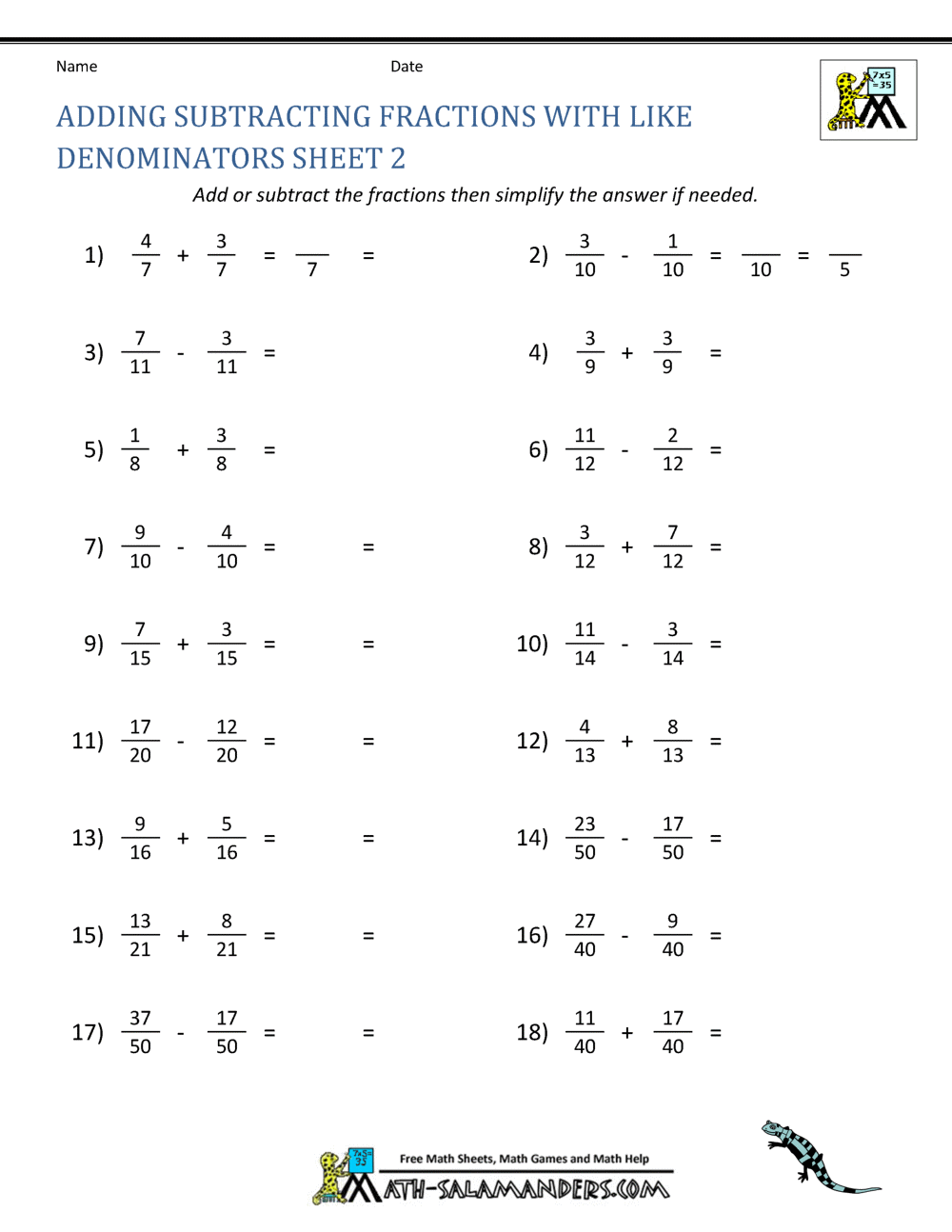 unit fraction operations homework 2 adding and subtracting fractions