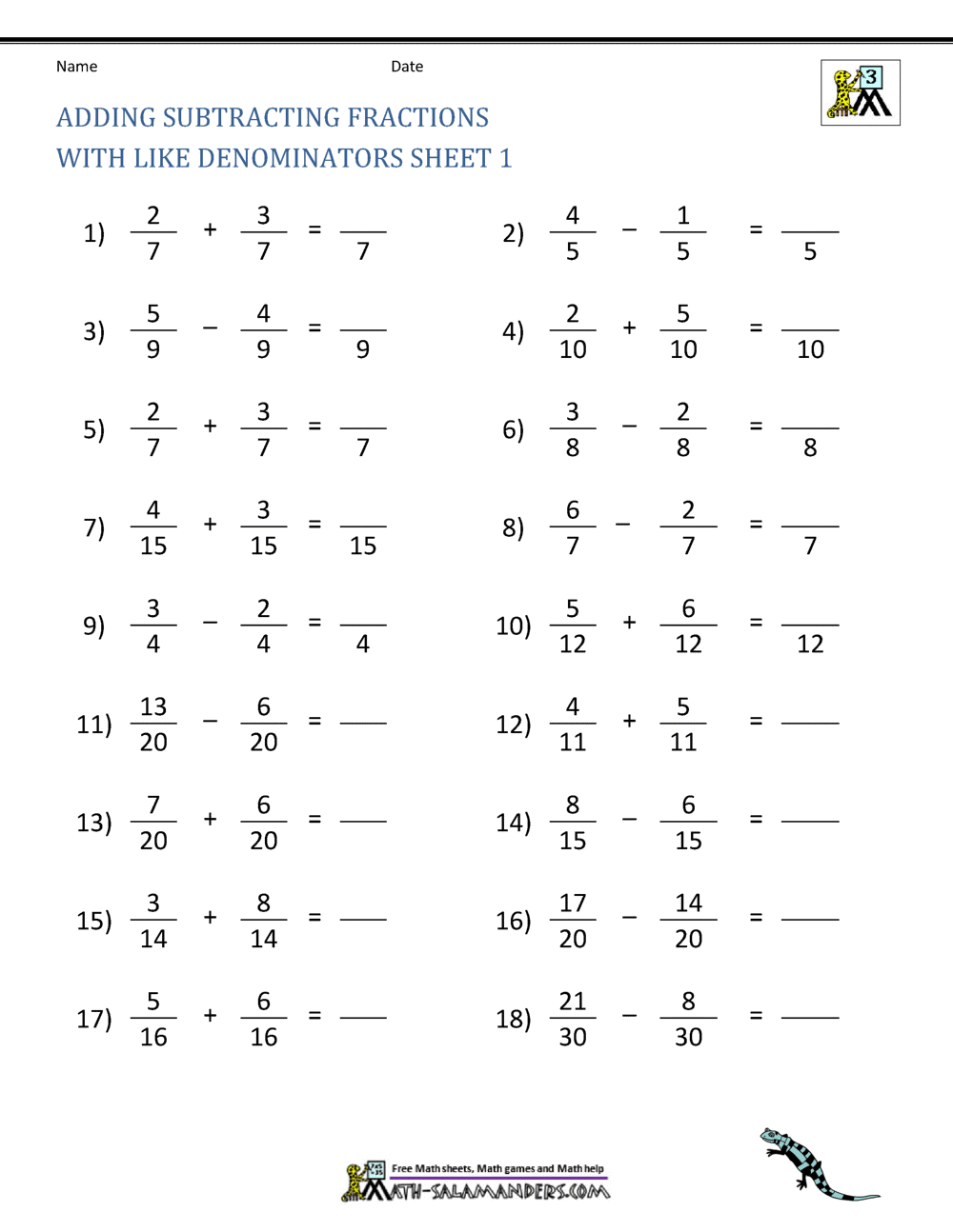 Adding Fractions With Like Denominators Worksheets