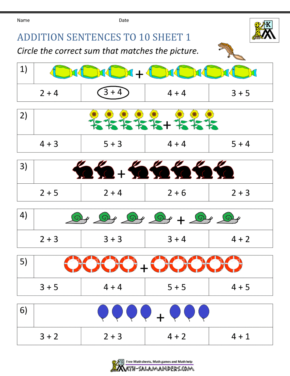 Addition Worksheets for Kindergarten