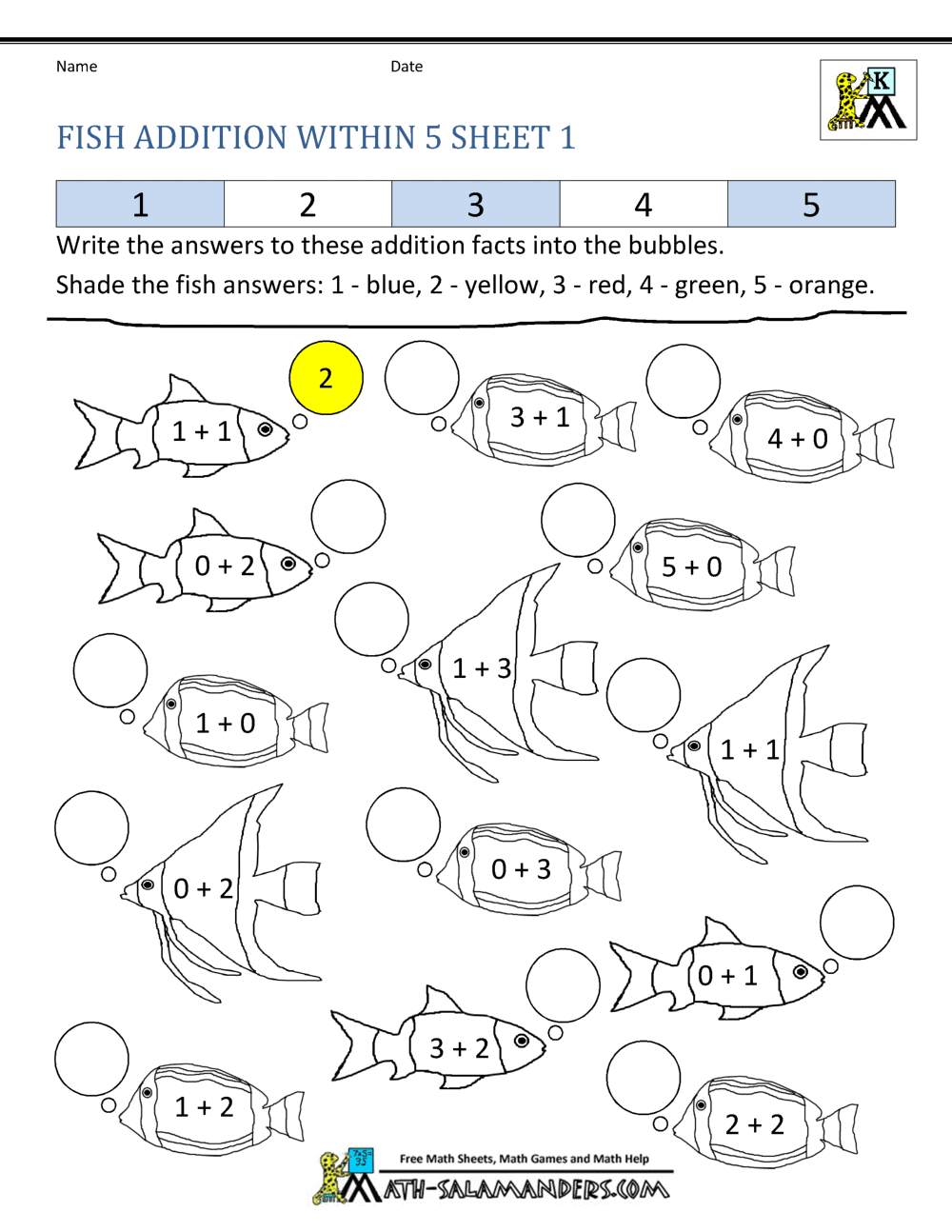 Addition Subtraction to 5 Worksheets for Kindergarten