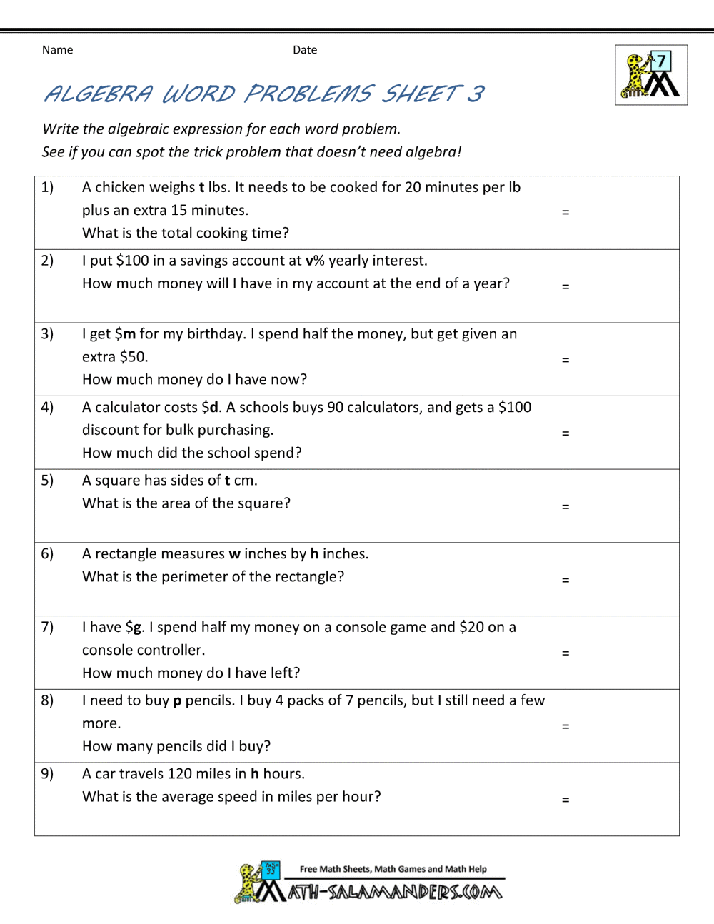grade 6 algebra worksheet pdf