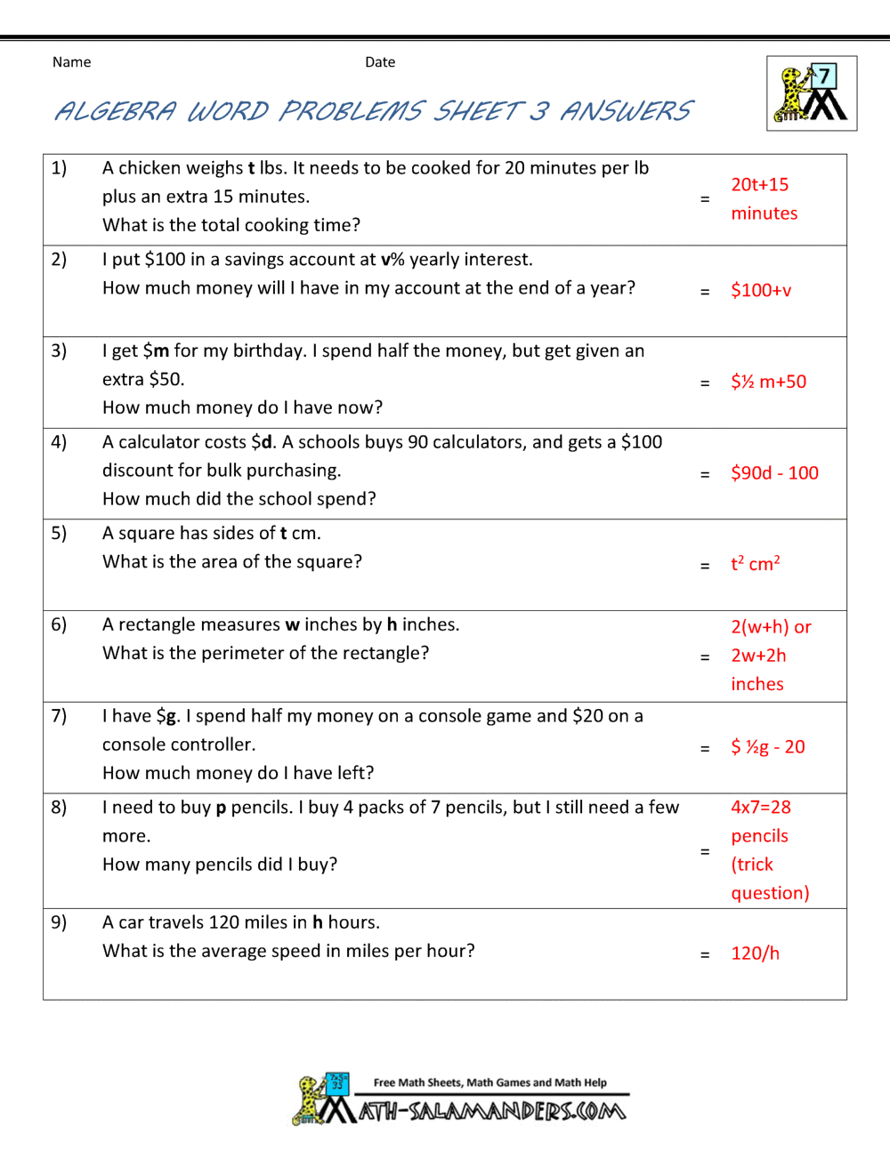 Basic Algebra Worksheets Throughout Age Word Problems Worksheet