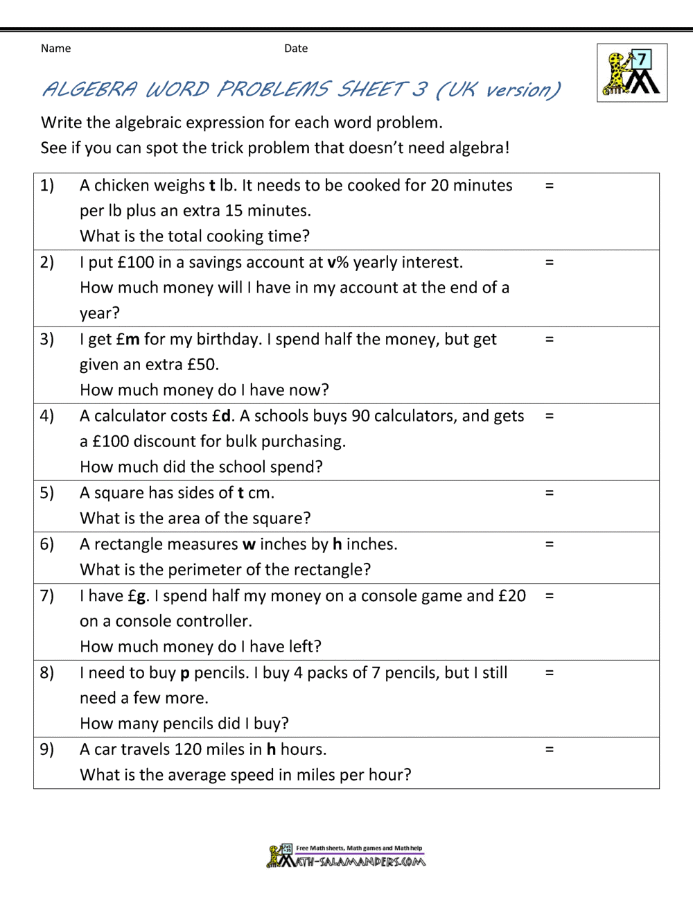 Basic Algebra Worksheets Within Algebra 2 Word Problems Worksheet