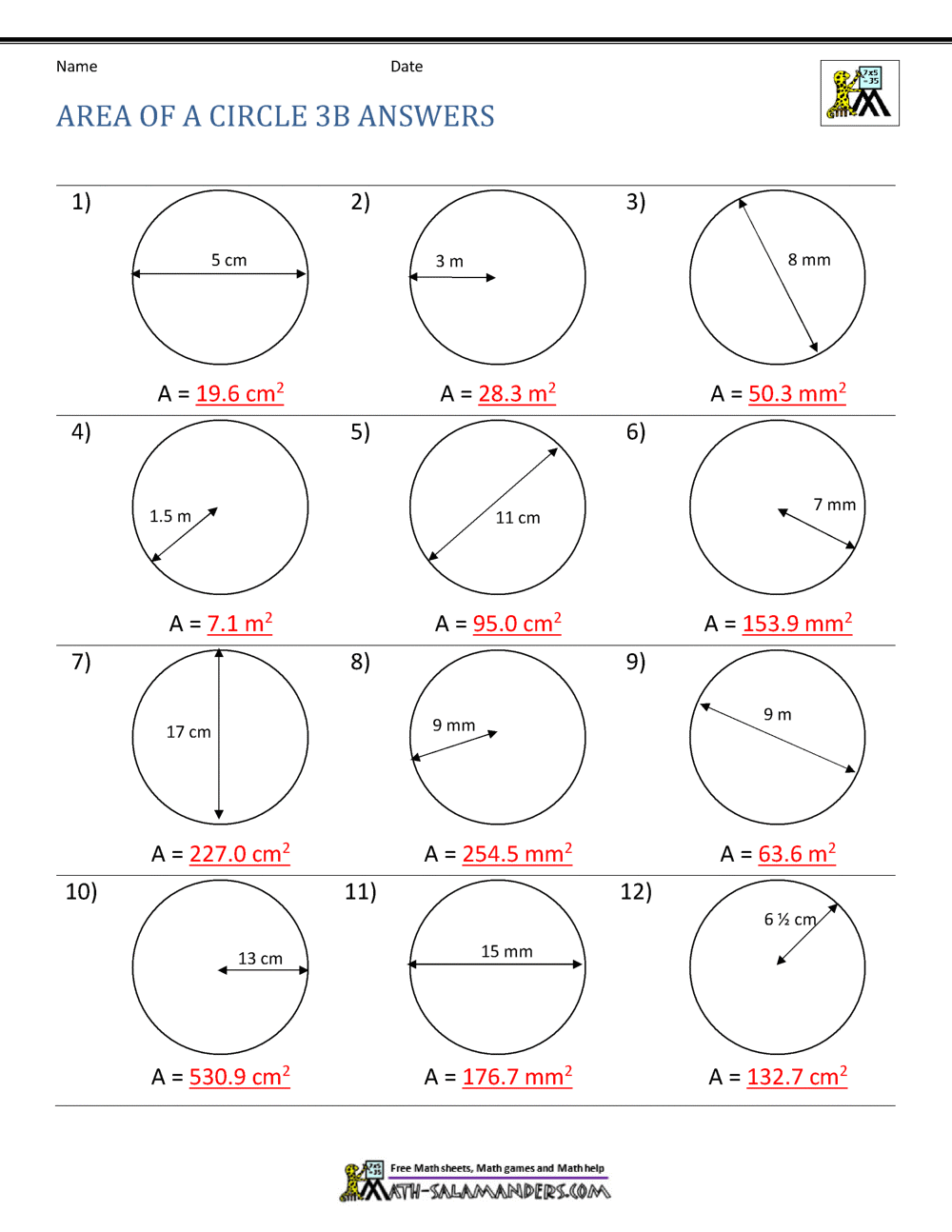Area of a Circle For Parts Of A Circle Worksheet