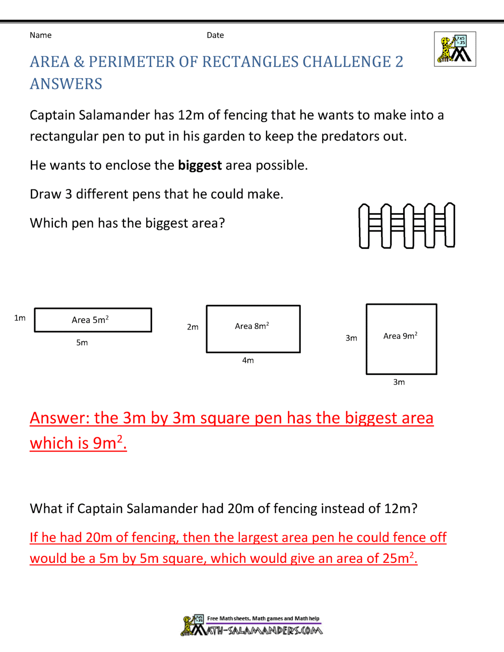 Area and Perimeter of Rectangle Within Perimeter Word Problems Worksheet