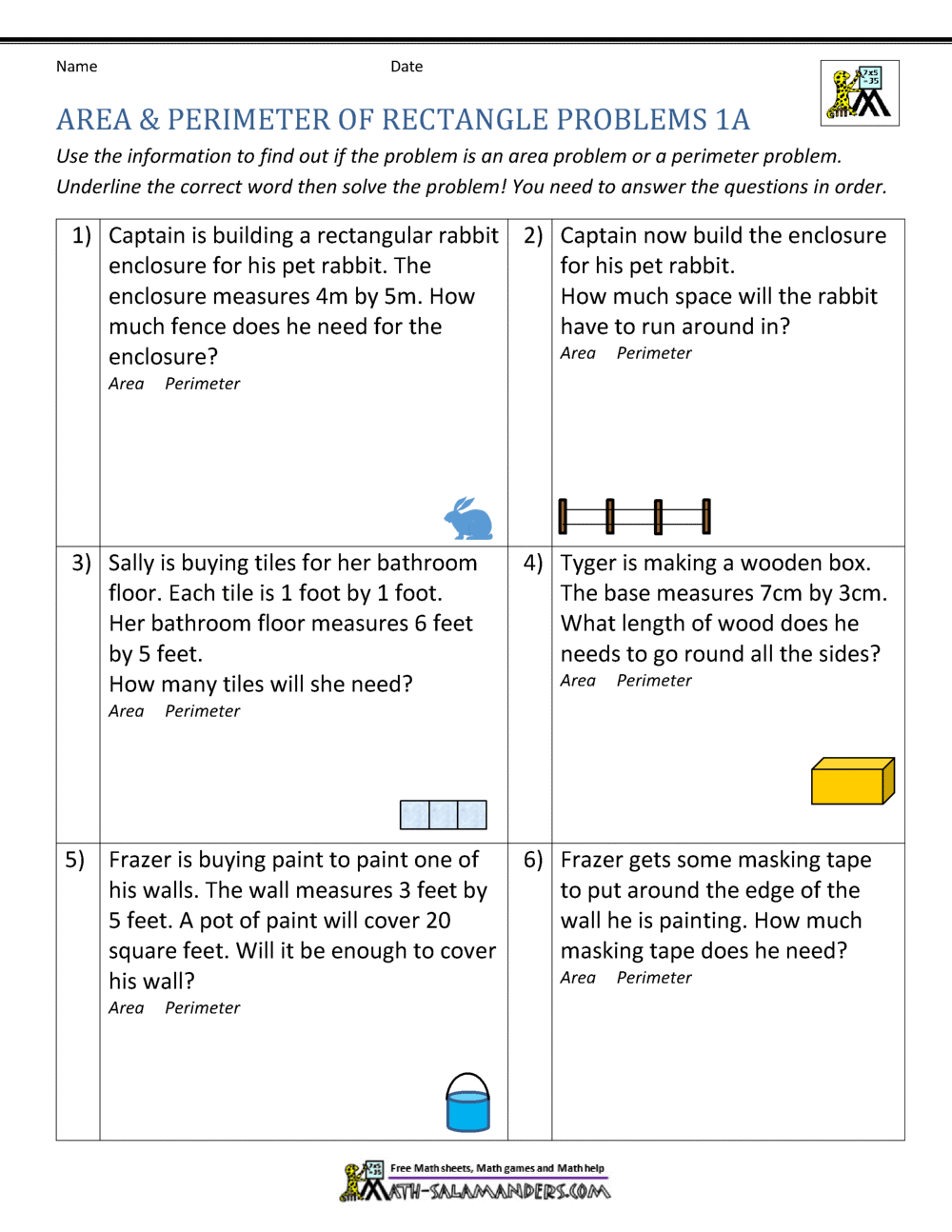 Area and Perimeter of Rectangle With Perimeter Word Problems Worksheet