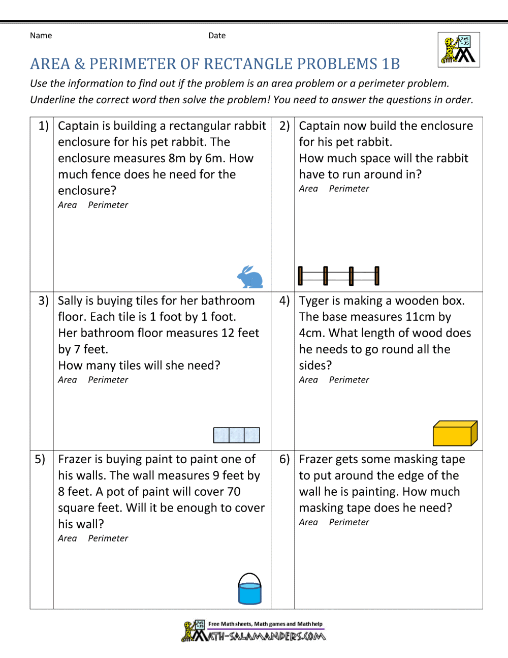 Area and Perimeter of Rectangle In Volume Word Problems Worksheet