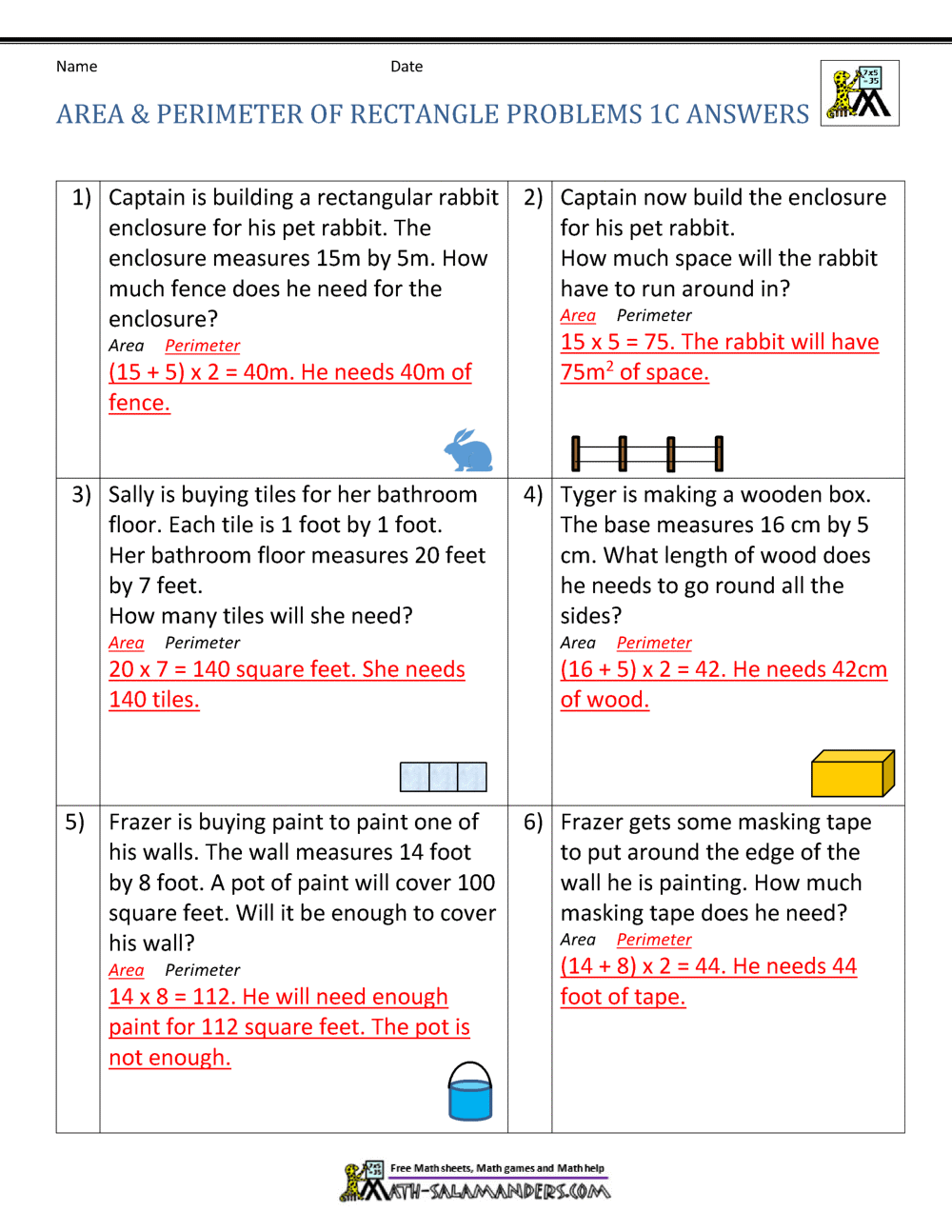 Area and Perimeter of Rectangle With Volume Word Problems Worksheet
