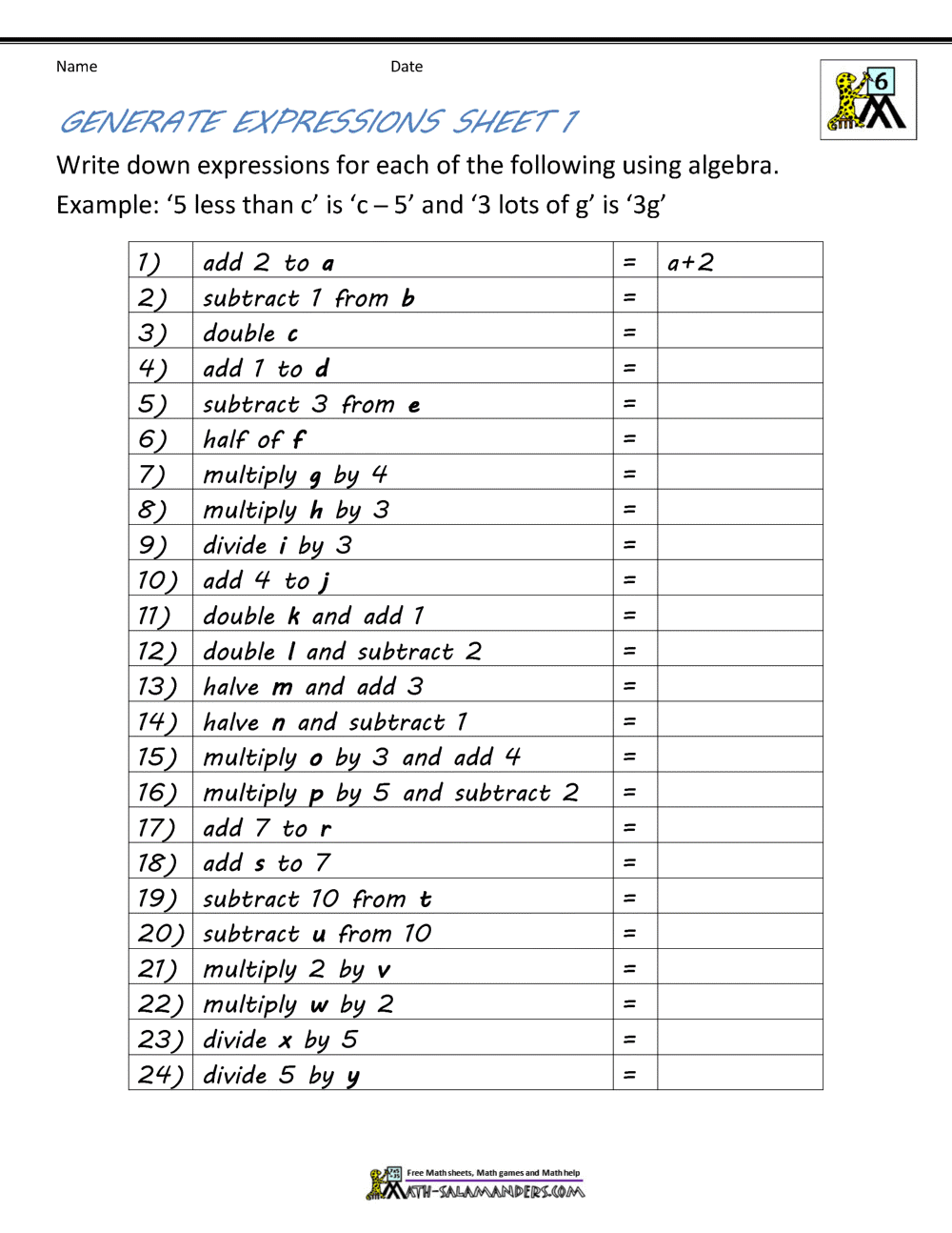 Equivalent Expressions Worksheet 6th Grade