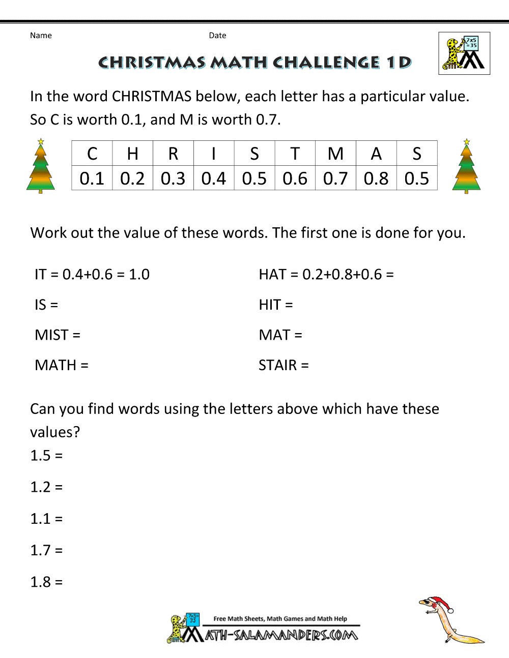 Christmas Math Worksheets (Harder) Intended For Get The Message Math Worksheet
