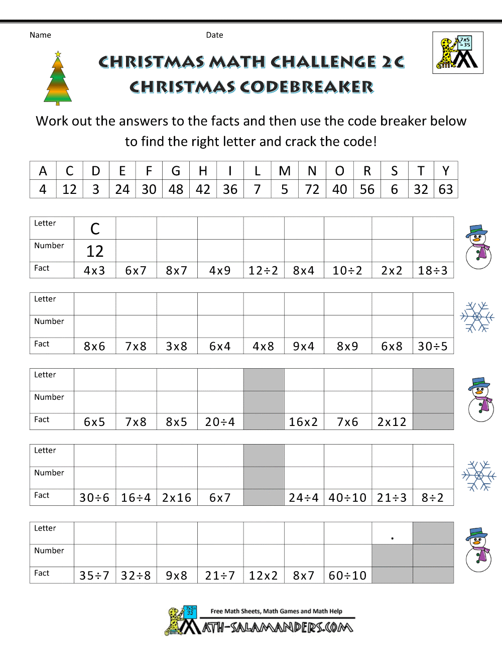 christmas math sheets challenge 2c