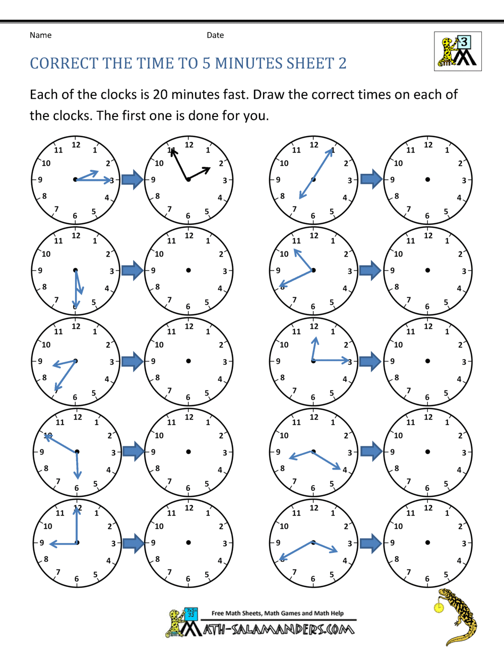 Telling Time Clock Worksheets to 5 minutes