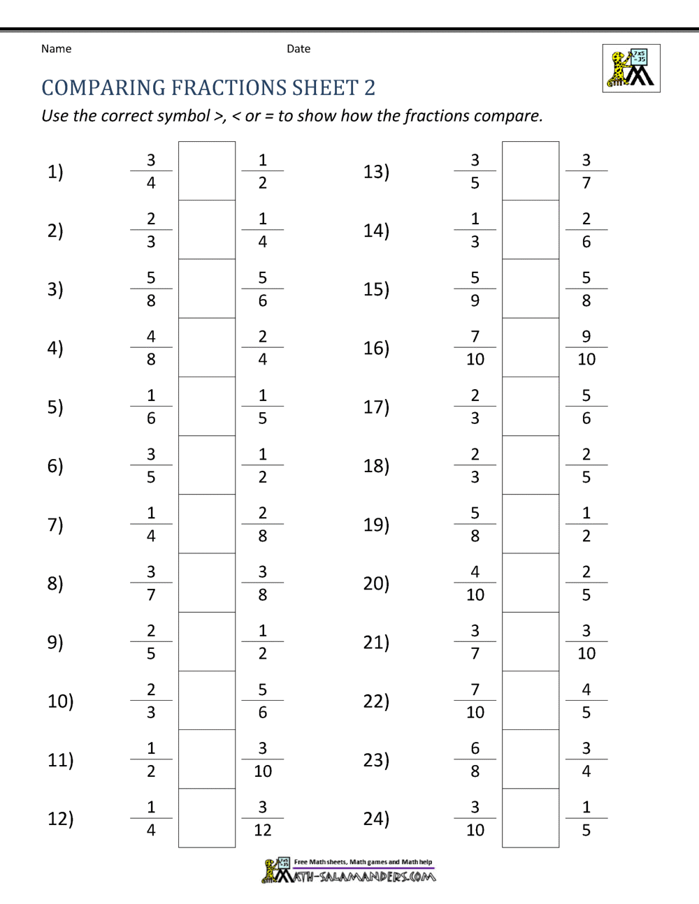 comparing fractions worksheet 7th grade
