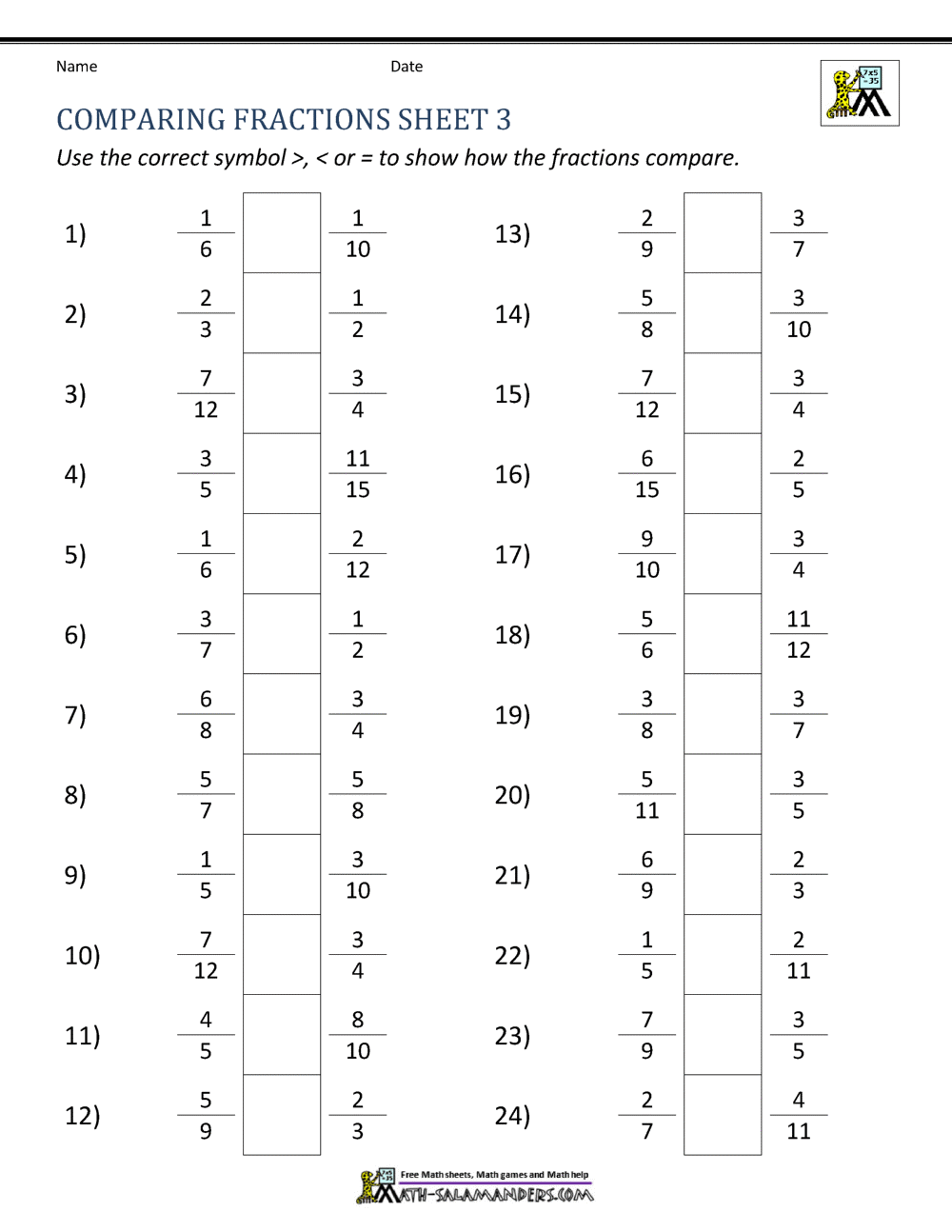 Comparing Fractions Worksheet Inside Comparing Rational Numbers Worksheet