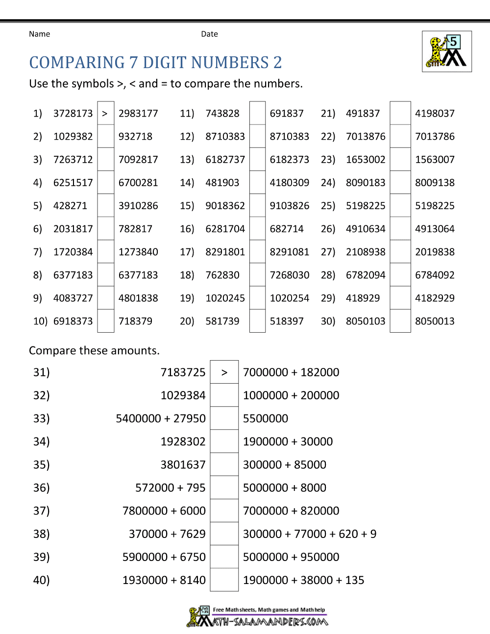 Comparing Numbers Grade 5 Worksheet