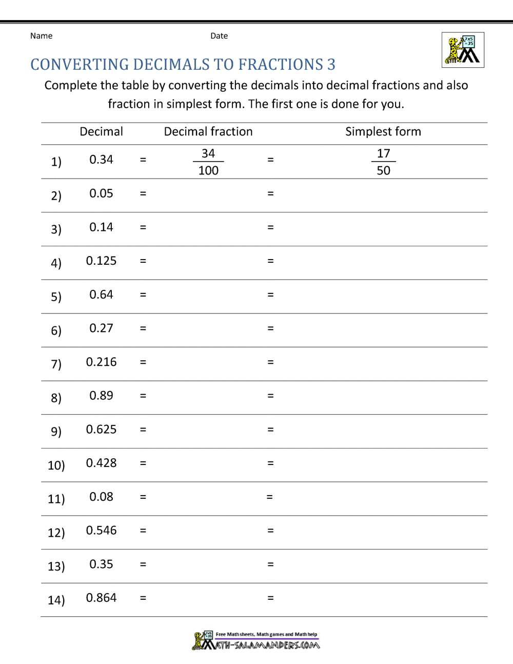 Converting Decimals to Fractions Worksheet Regarding Comparing Fractions And Decimals Worksheet