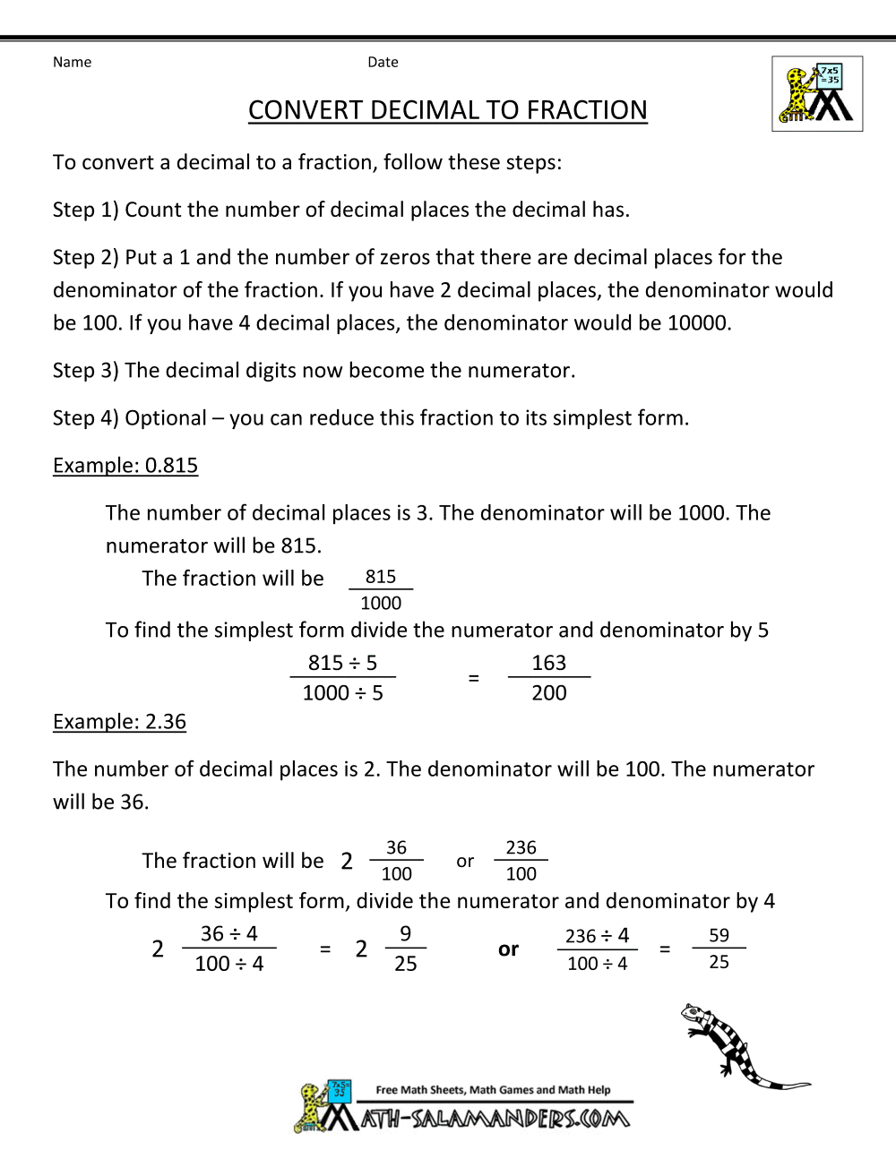 Convert Decimal to Fraction Within Repeating Decimals To Fractions Worksheet