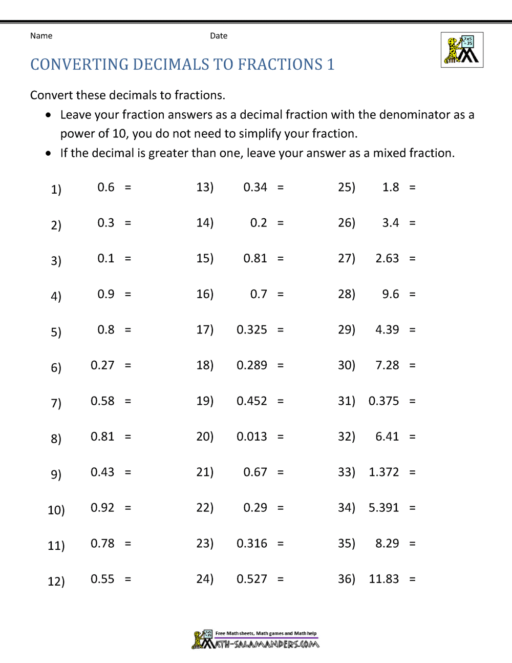 Turning Mixed Numbers Into Decimals Worksheet