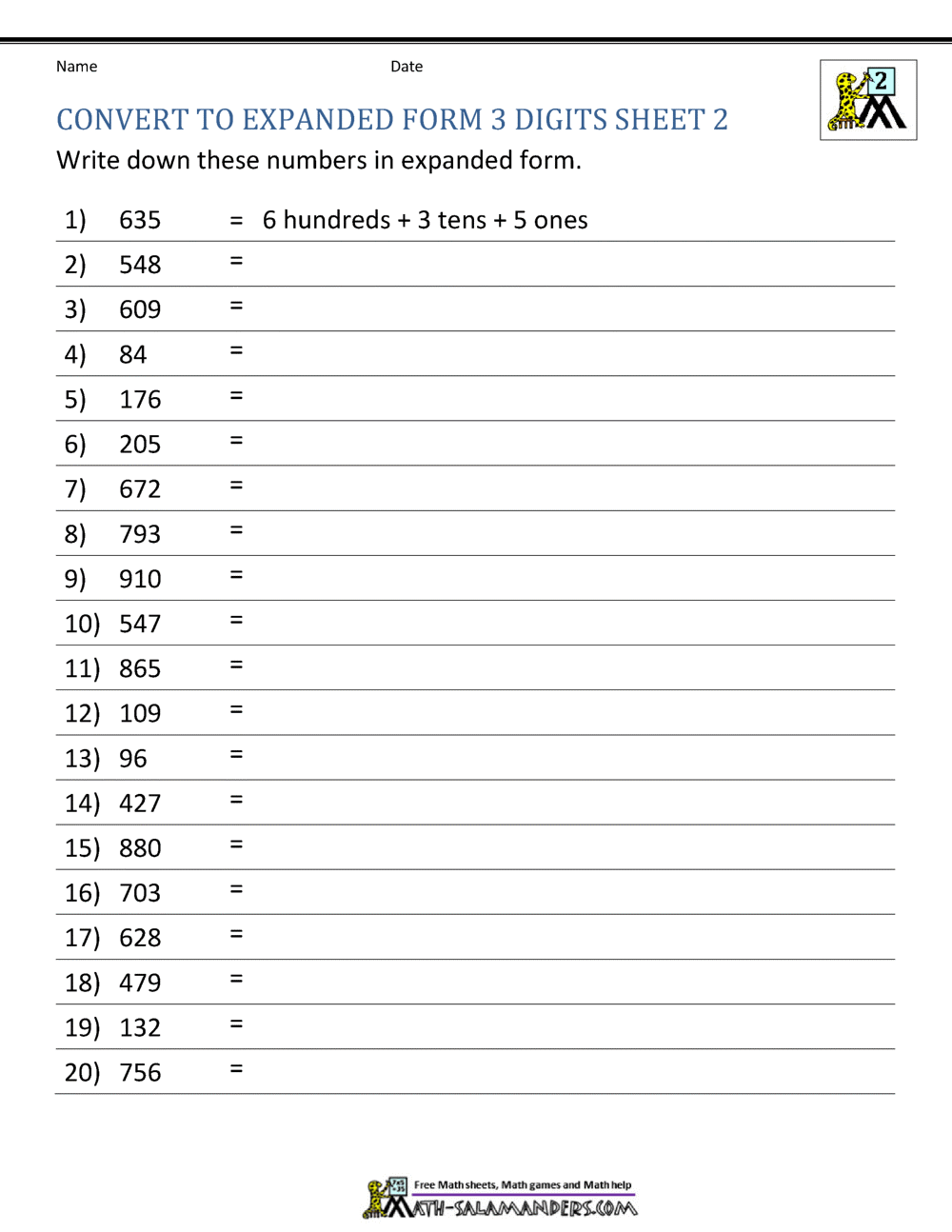 expanded form 3 digit number ordering numbers worksheets
 Second Grade Place Value Worksheets