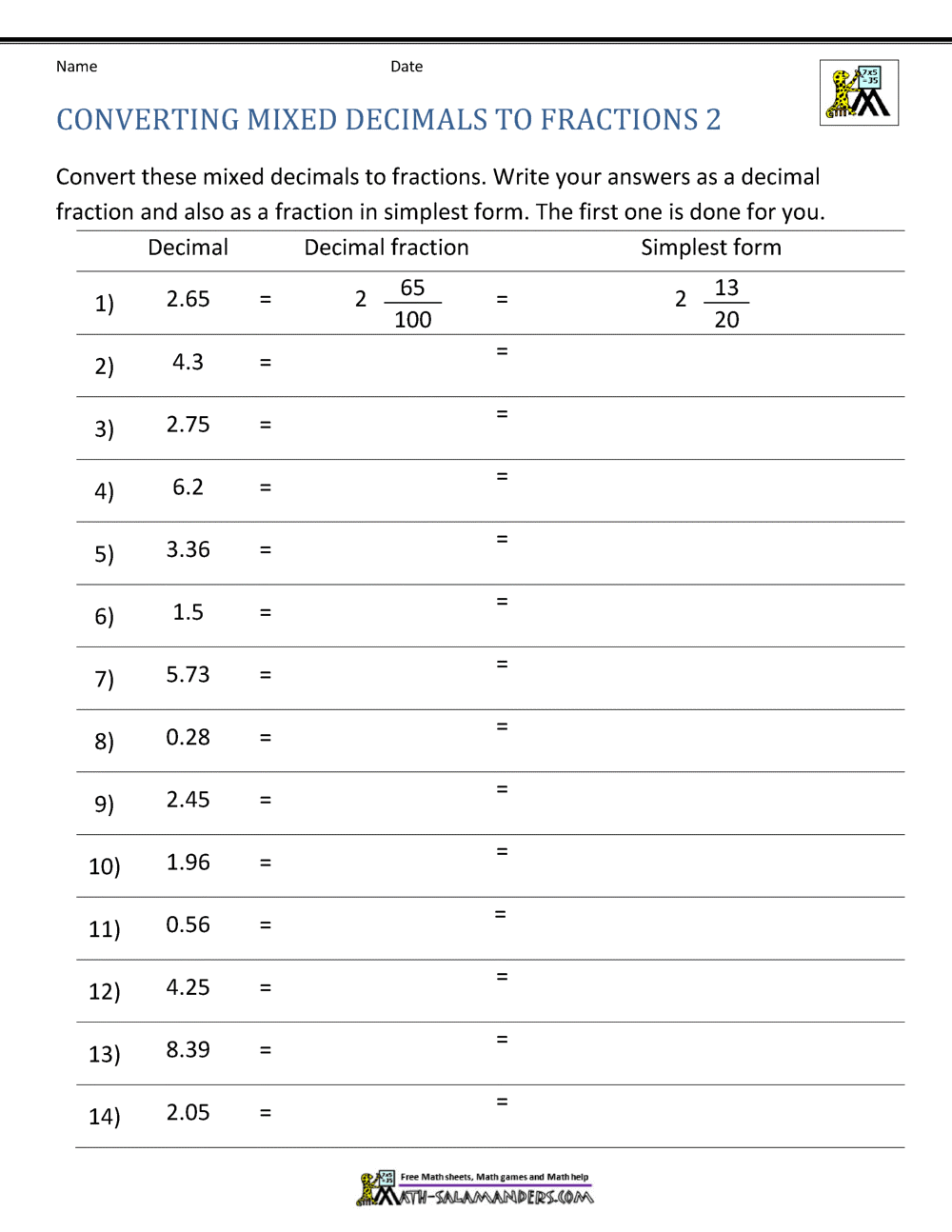 Converting Decimals to Fractions Worksheet With Repeating Decimals To Fractions Worksheet