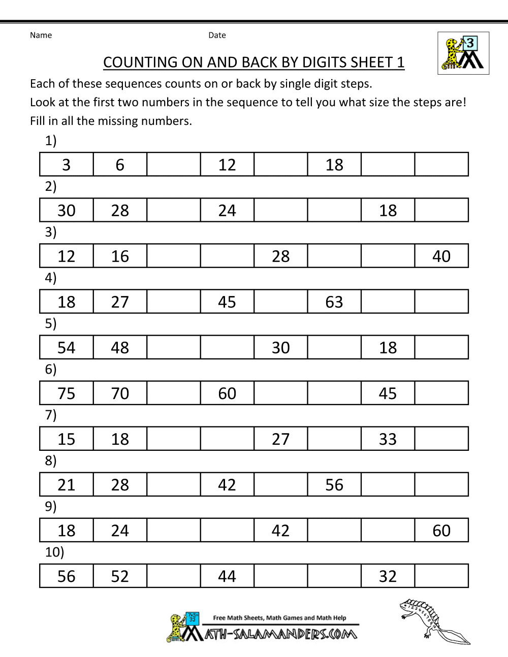 count back to subtract worksheets