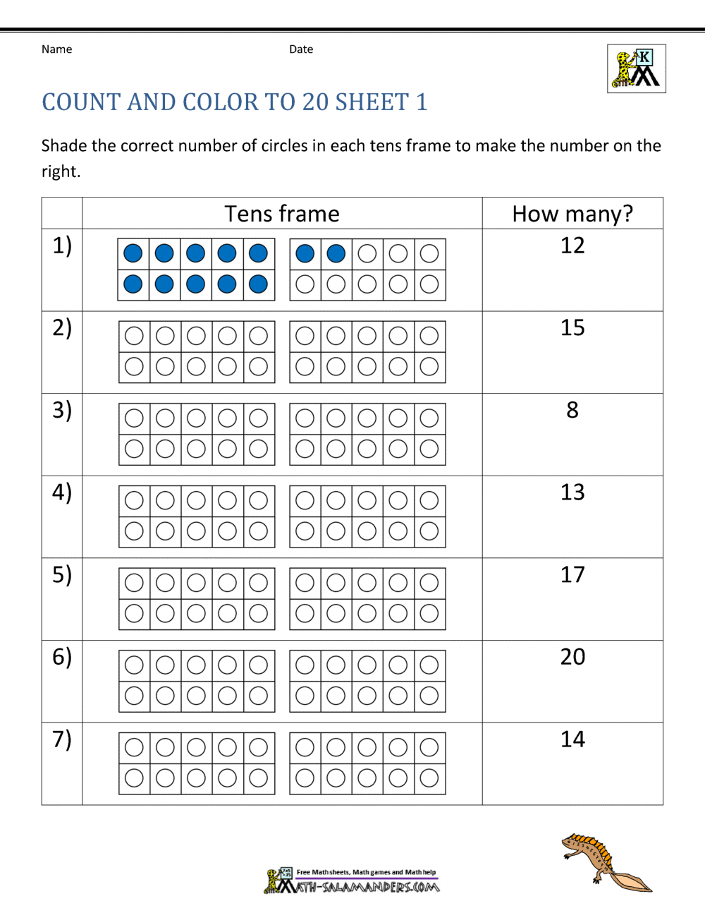 Counting to 20 Worksheets In Counting To 20 Worksheet