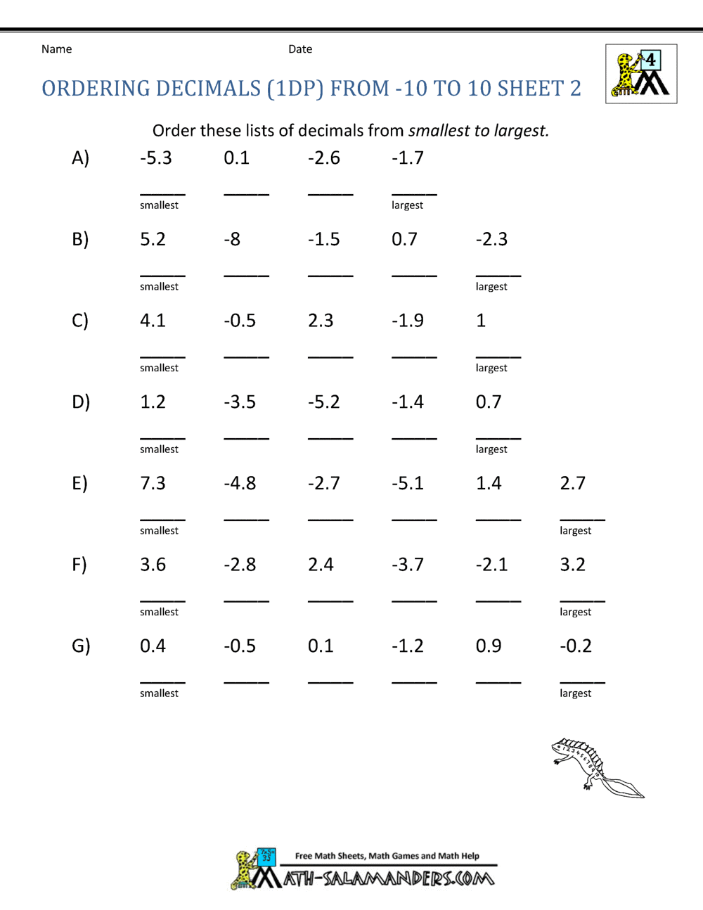 math worksheets 4th grade ordering decimals to 2dp