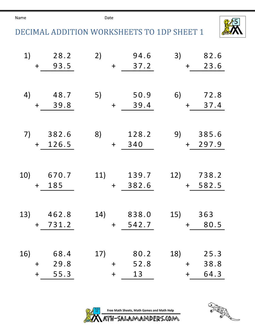 year 4 decimals worksheet