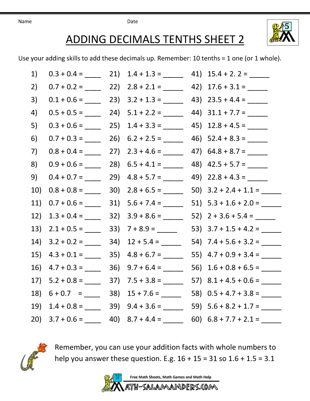 maths worksheet for class 5 on decimals