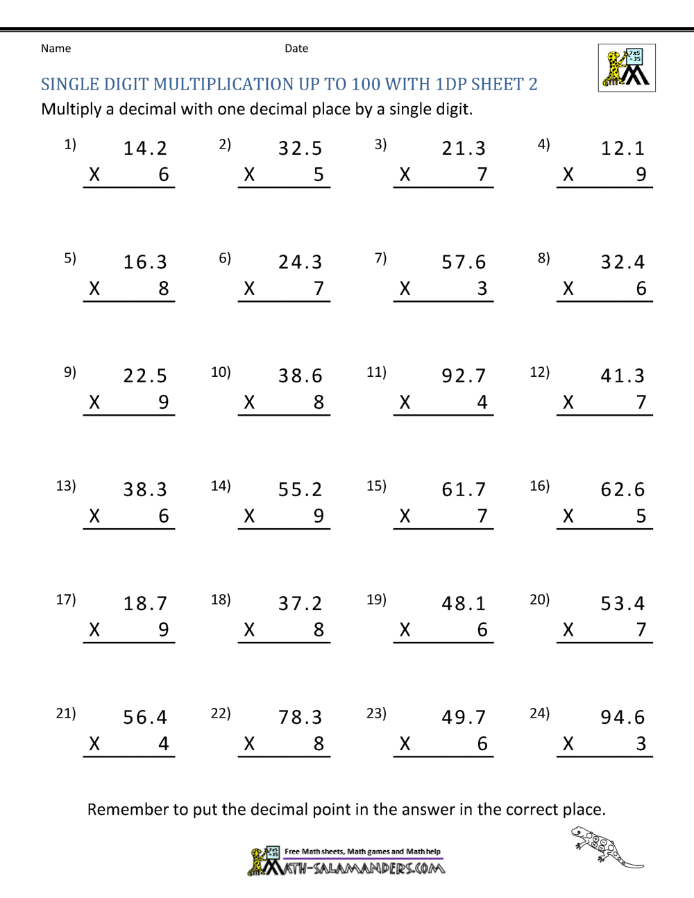 Decimal Multiplication Worksheets 5th Grade