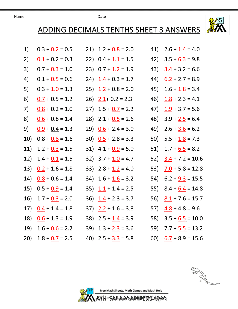 decimal math worksheets addition