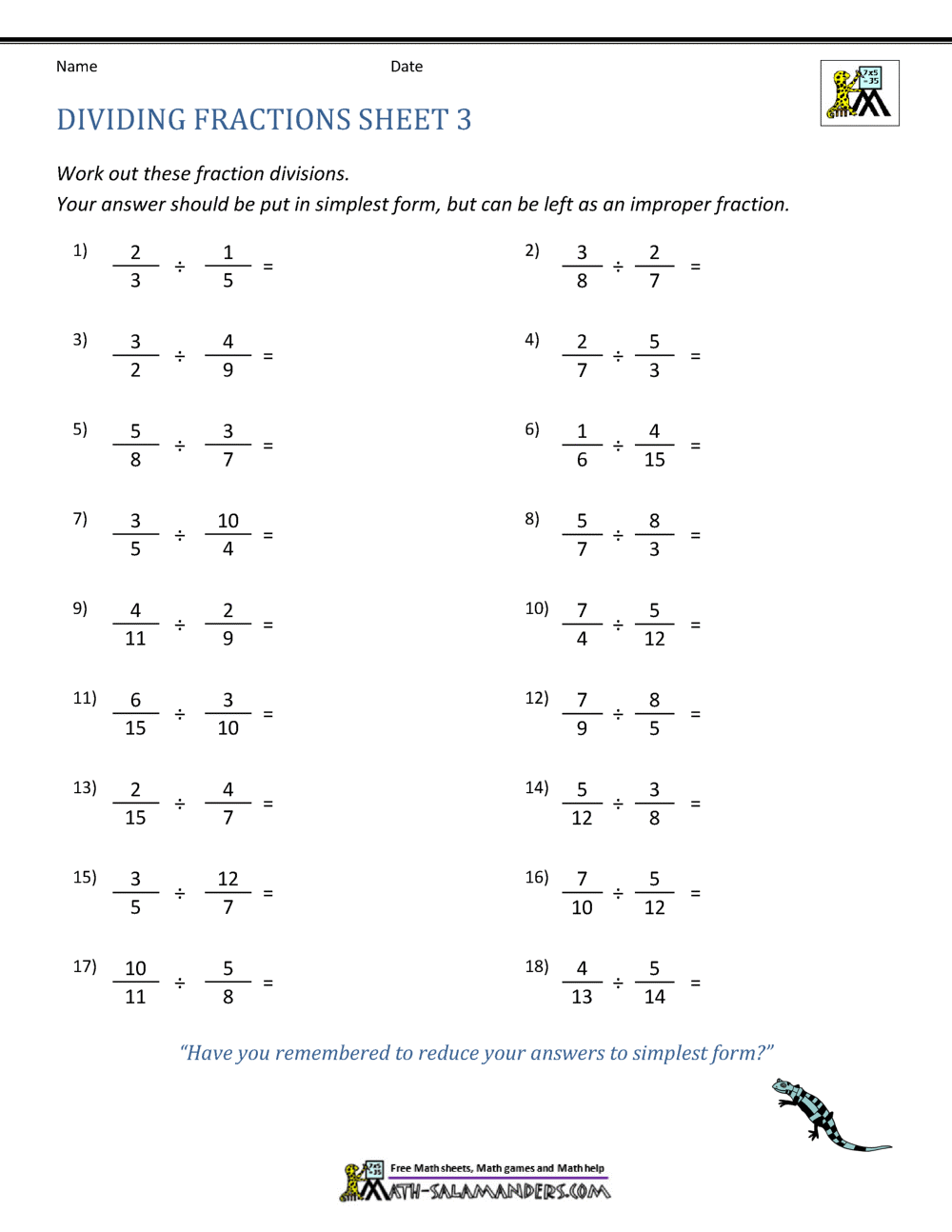 Dividing Fractions Worksheet Throughout Dividing Fractions Worksheet Pdf