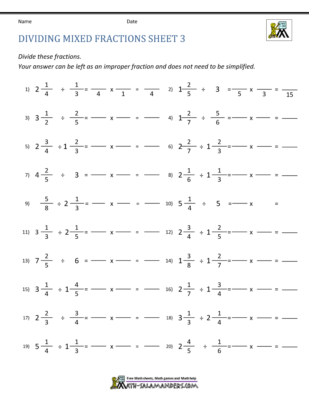 Dividing Mixed Fractions Worksheet Throughout Adding Mixed Numbers Worksheet