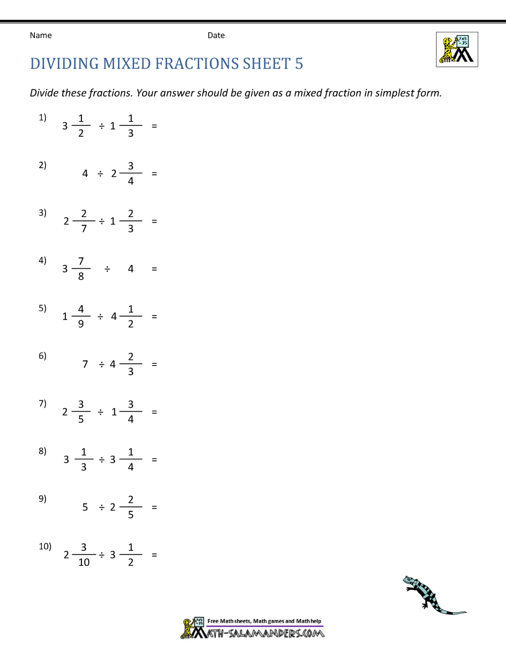 Dividing Mixed Fractions Worksheet For Dividing Mixed Numbers Worksheet