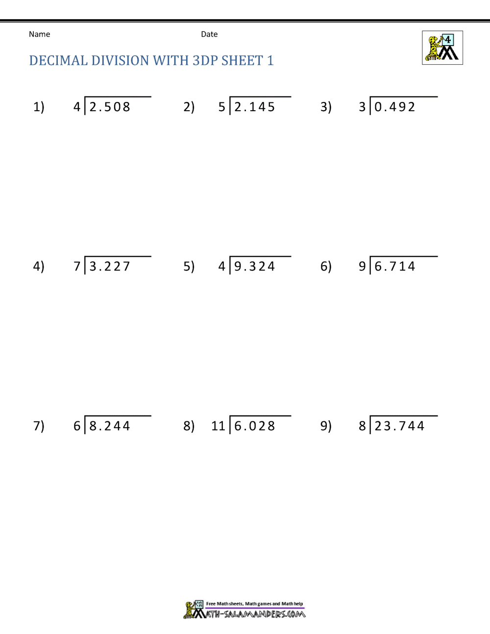 Division of Decimal Numbers Worksheets
