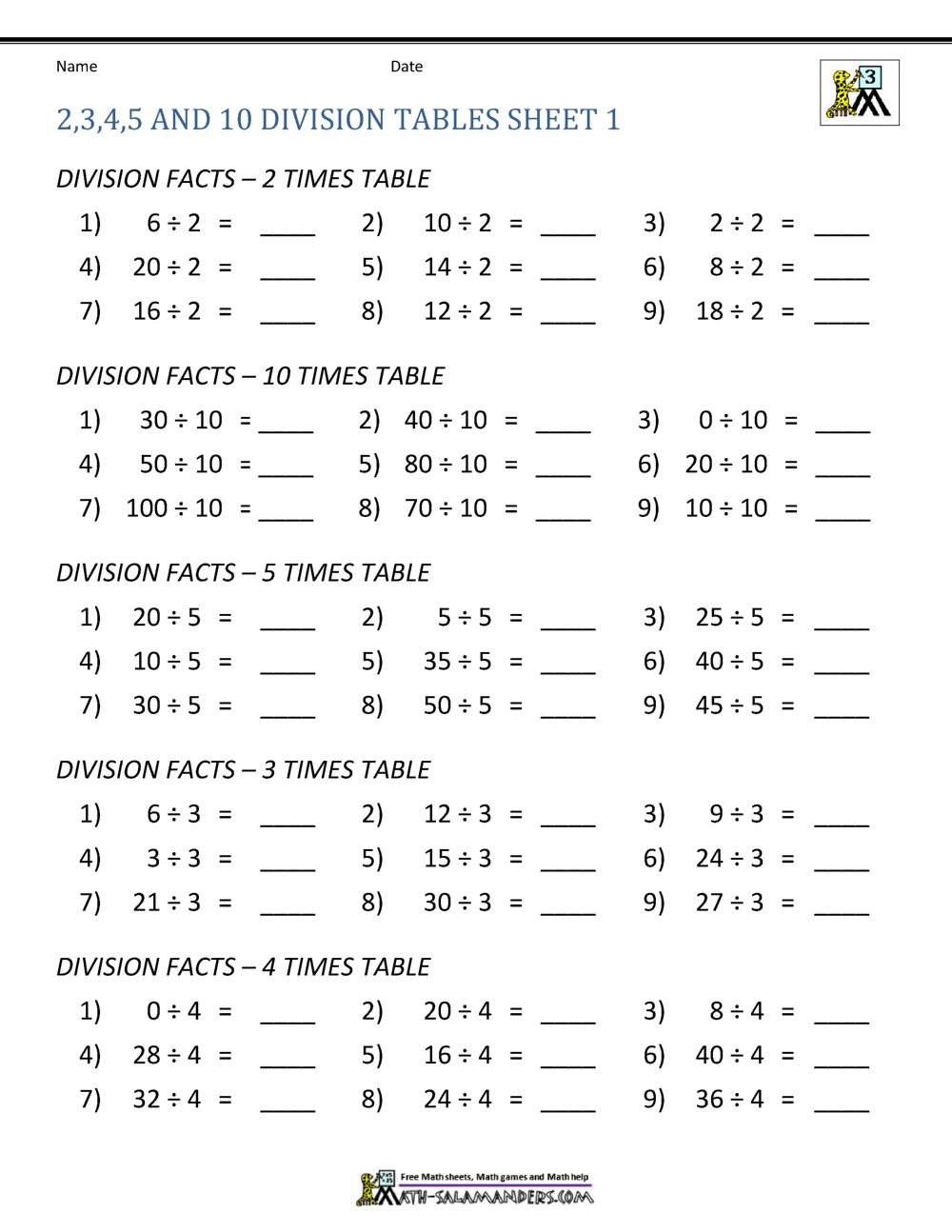 division 10 worksheet