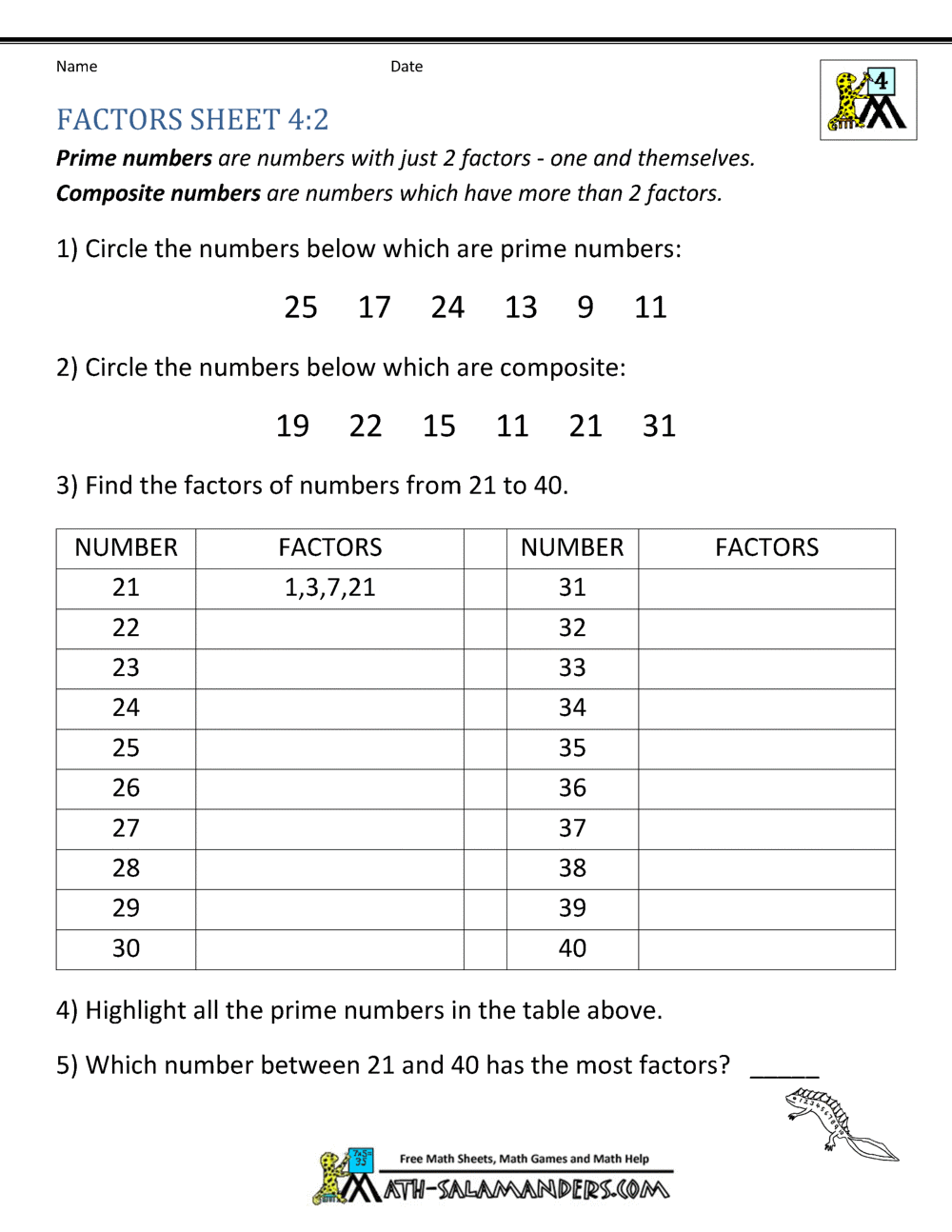 Factors And Multiple Worksheet For Class 4