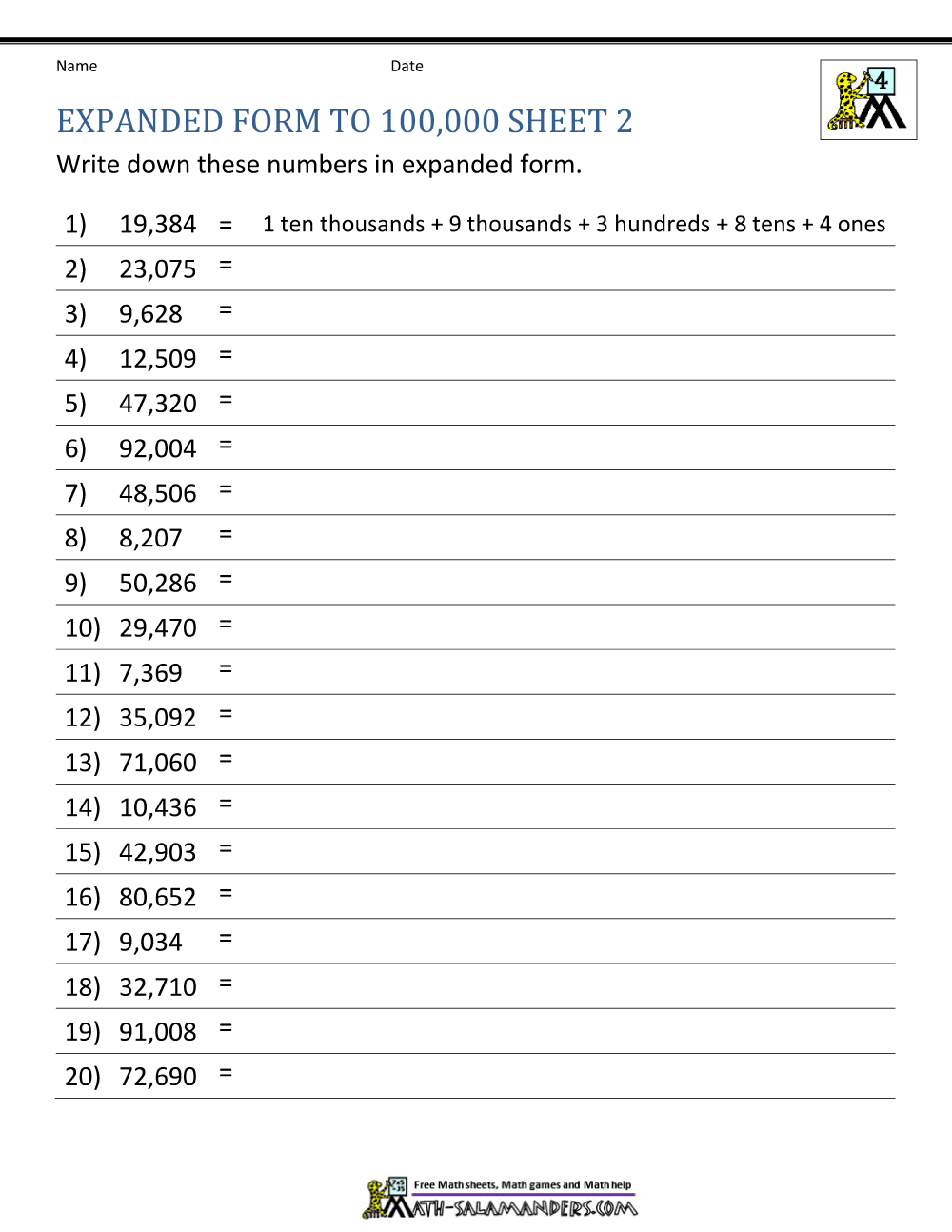4th Grade Math Worksheets: Reading, Writing and Rounding BIG Numbers