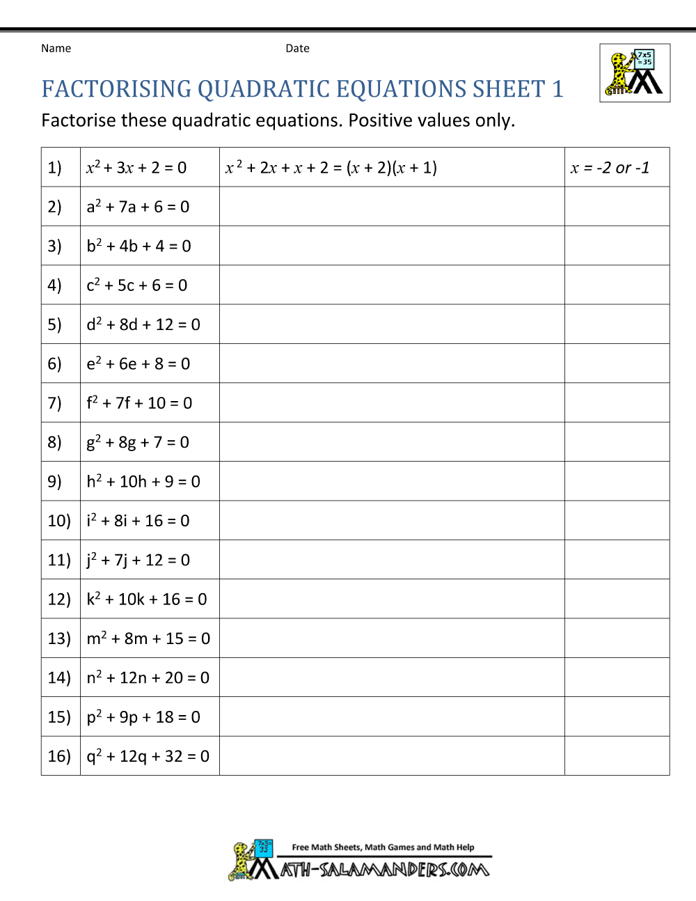 Factoring Quadratic Equations Worksheets Regarding Factoring Quadratic Equations Worksheet