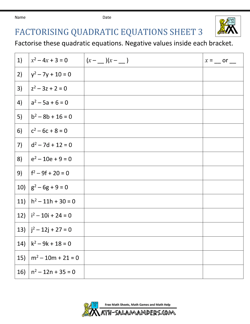 factoring to solve quadratic equations practice quizlet