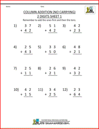 first grade addition worksheets column addition 2 digits no carrying 1