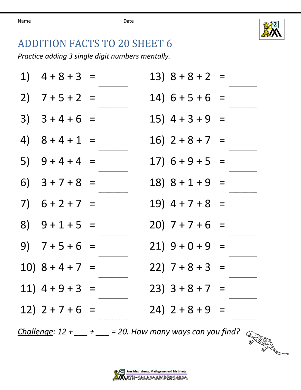 500 Addition Worksheets With Three 5digit Addends Math Practice